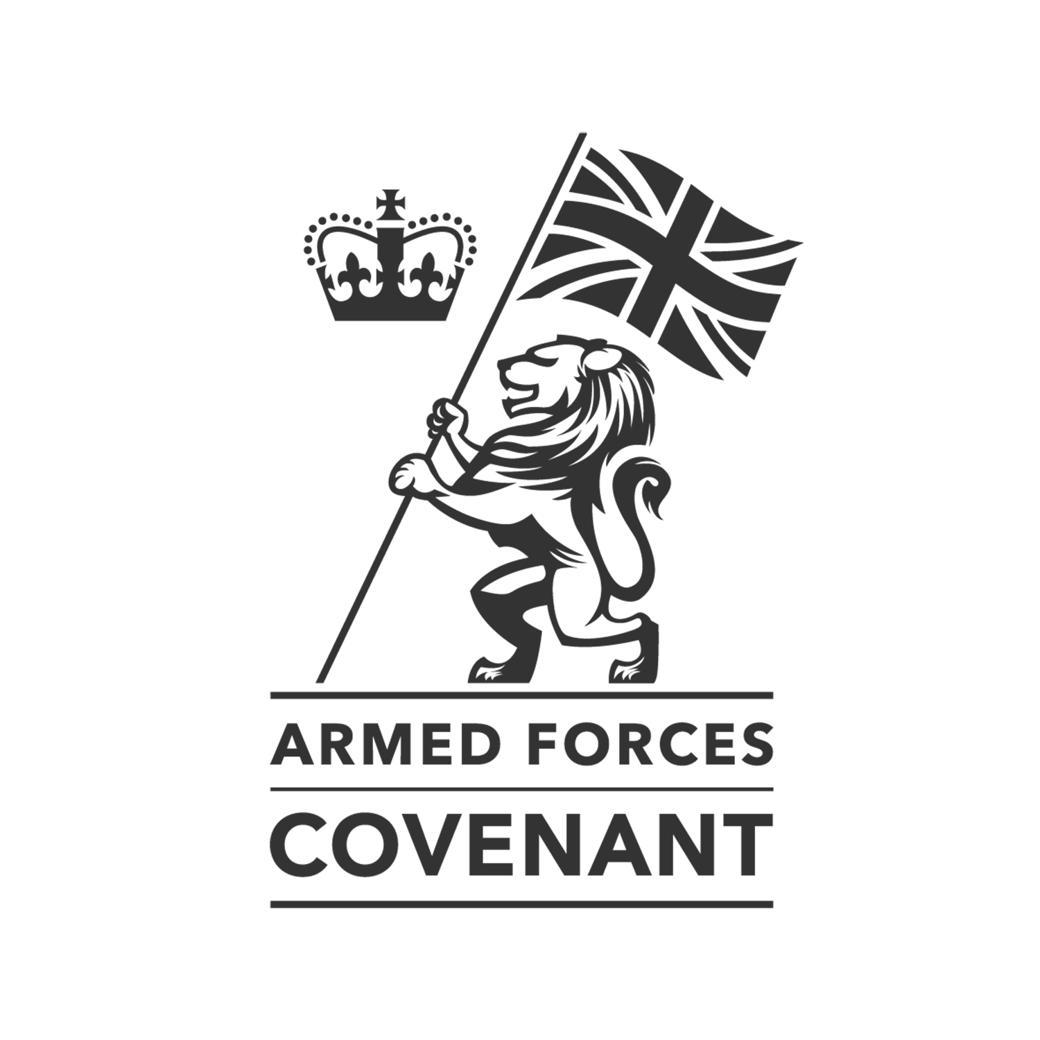 The Armed Forces Covenant logo which has a lion standing on hind legs facing left holding a union jack flag with the Kings crown to the left.