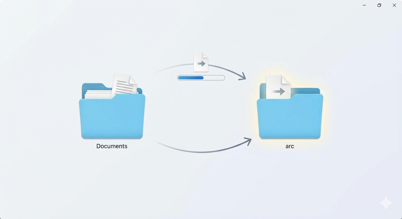 Diagram showing file transfer process: on the left, a blue folder labeled 'Documents' with files; in the middle, a progress bar with a file icon and arrows indicating transfer directions; on the right, a blue folder labeled 'arc' with a file inside, highlighted with a glow.