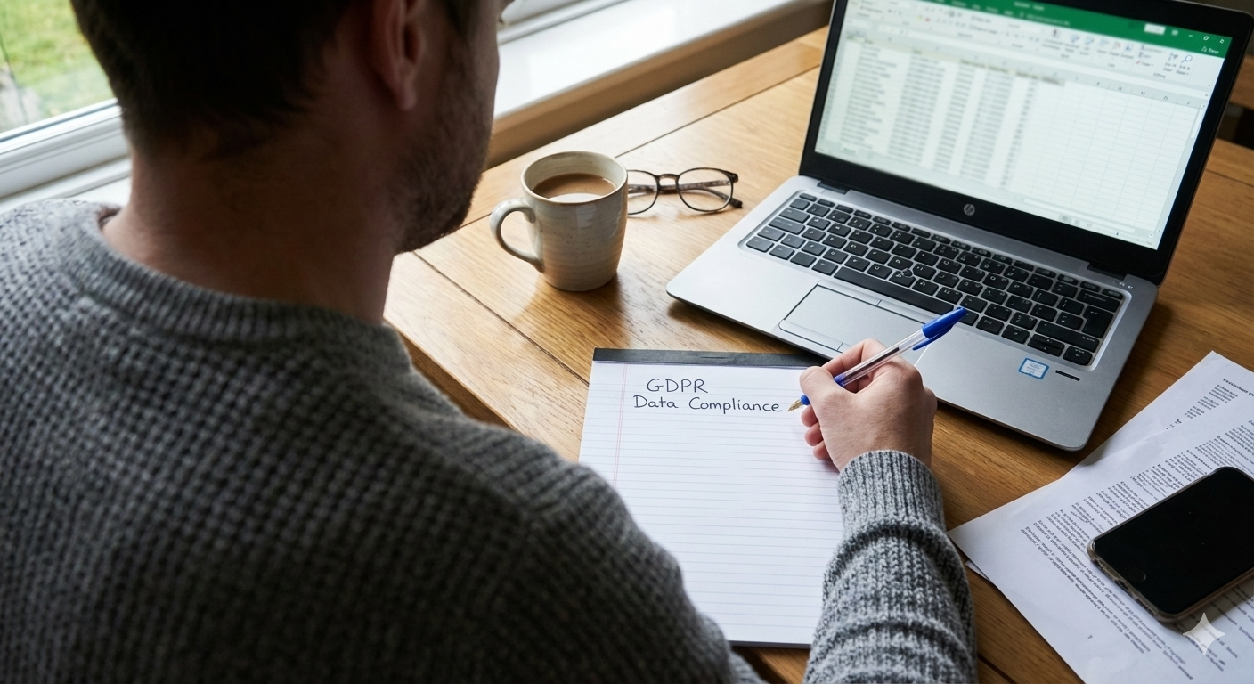 A person sitting at a wooden desk with a laptop displaying a spreadsheet, a notepad with 'GDPR Data Compliance' written on it, a cup of coffee, pair of glasses, some papers, and a smartphone.
