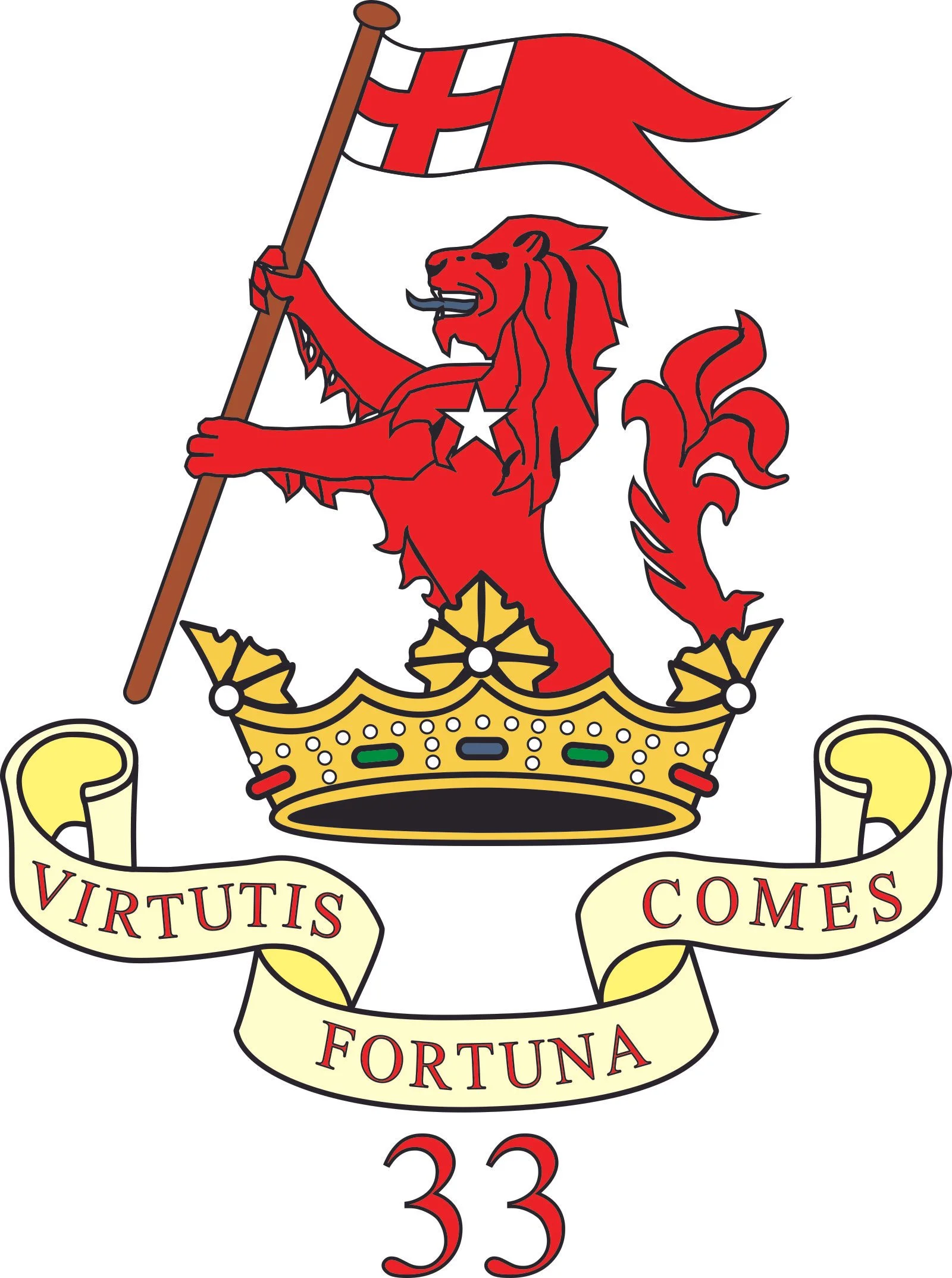 A heraldic emblem featuring a red lion holding a flag with a red cross on a white background, standing on a yellow crown, with a banner below reading "VIRTUTIS FORTUNA COMES" and the number 33 underneath.