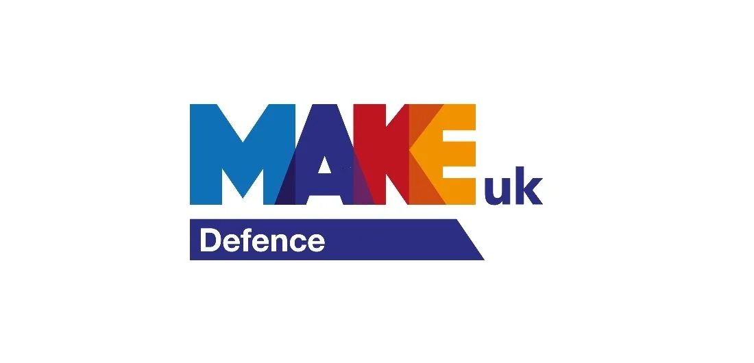 Multi Coloured Logo with the words "MAKE UK DEFENCE"Logo for West Yorkshire Manufacturing Services supporting WYMAS.