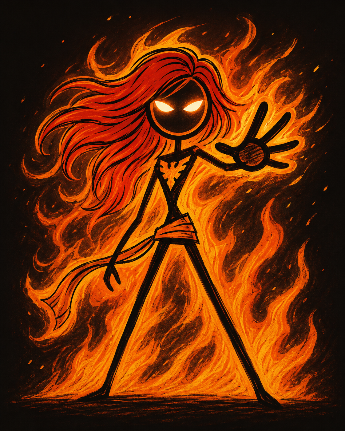 A stick-figure Phoenix, created with AI after attempts to render the original comic image realistically failed.