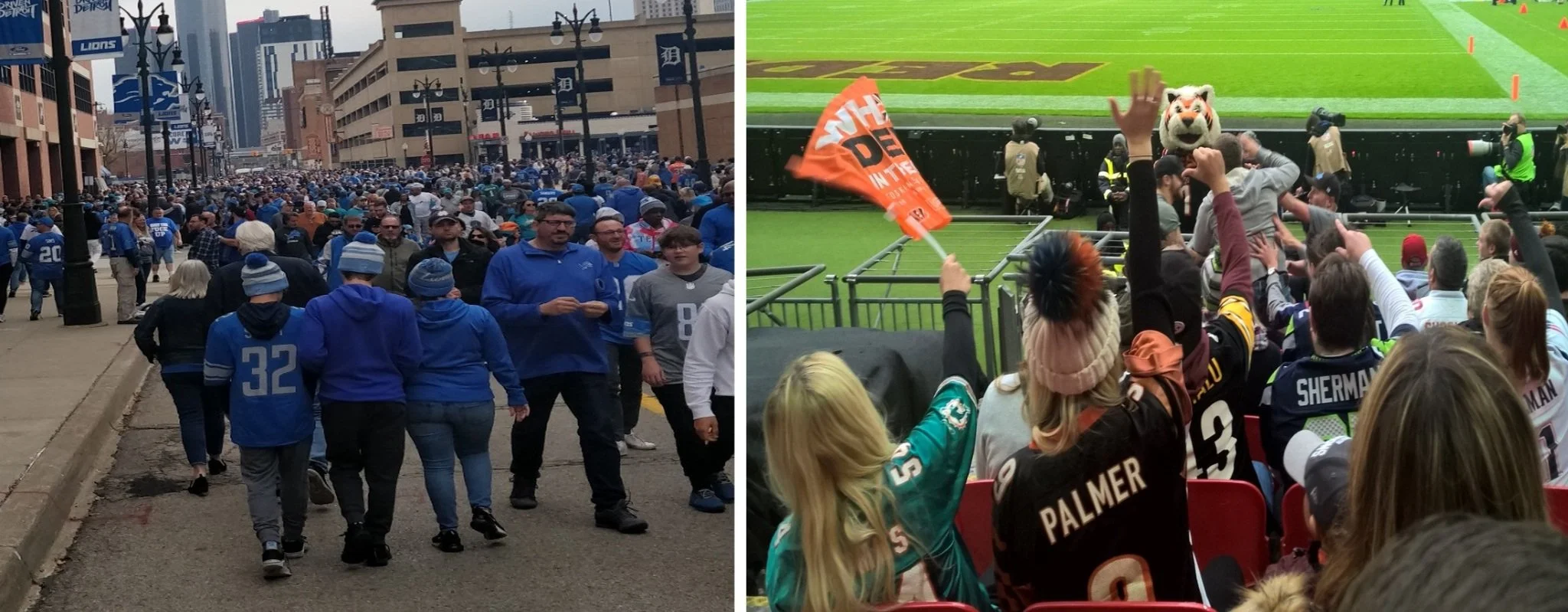 Detroit Lions fans fill Brush Street in Honolulu blue, alongside a London NFL crowd wearing shirts representing a variety of teams.