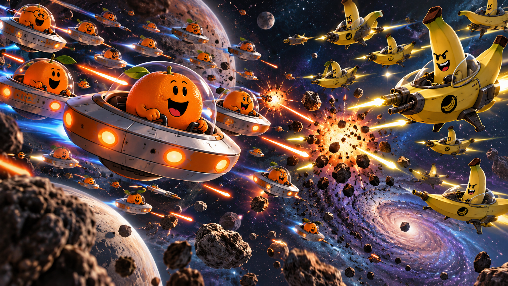 Illustration of an orange flying a saucer in a space battle with bananas and other oranges