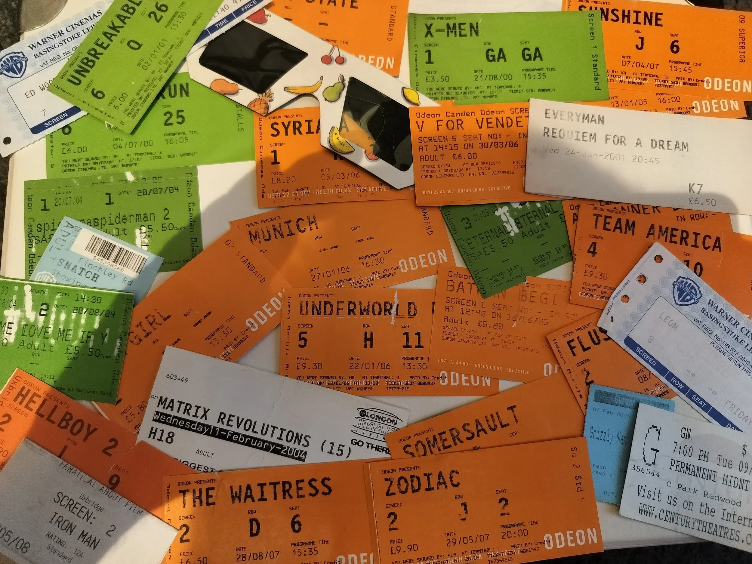 Collection of cinema tickets from different films spread across a surface with the words "Film & TV" overlaid.