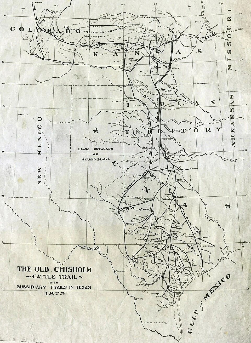 Map showing the Chisholm Trail, the historic cattle-driving route from Texas through Indian Territory to Kansas.
