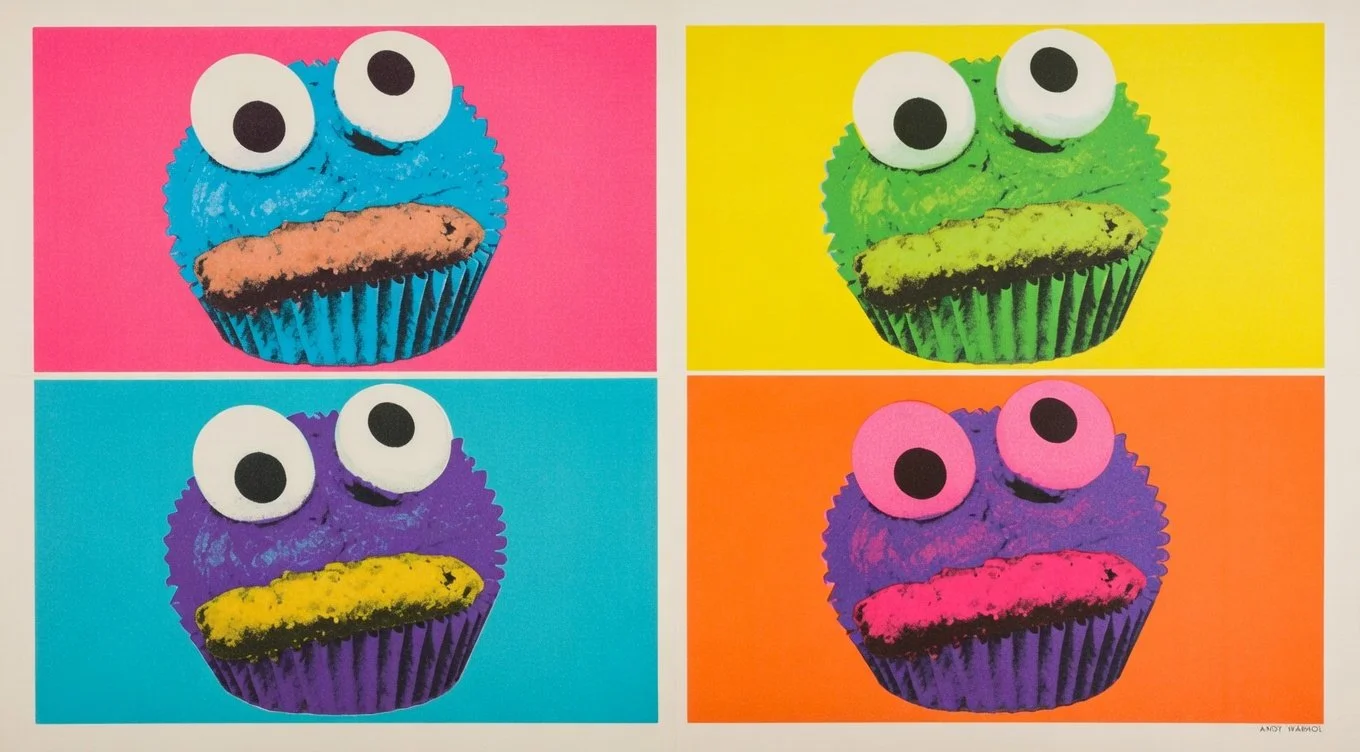 Cookie Monster cupcakes in a Warhol-inspired pop-art style