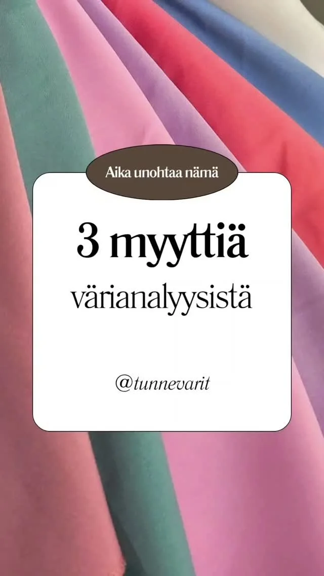 Värianalyysiin liittyy monenlaisia harhakuvitelmia. Tässä ehkä yleisimmät. Mitä myyttejä sä olet kuullut värianalyysistä? Kuulisin mielelläni lisää 👀
#värianalyysi #värianal