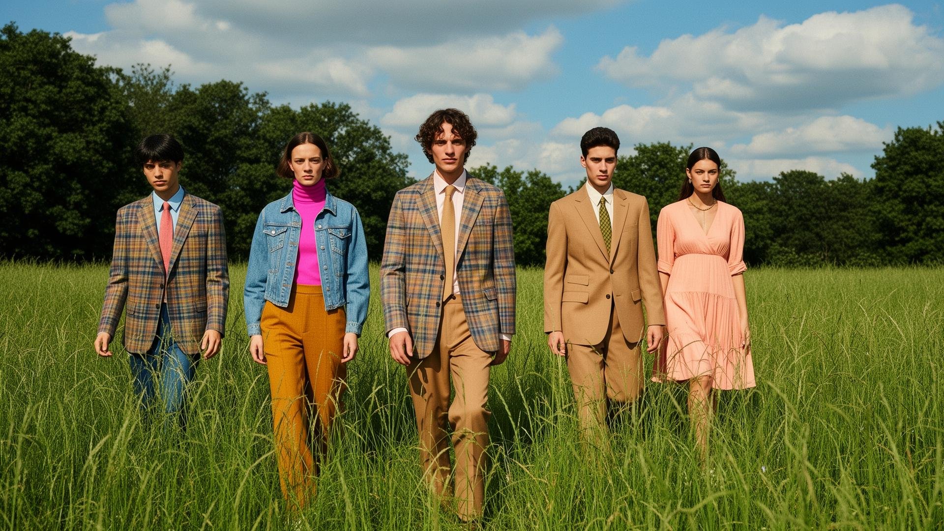 A group of five young adults wearing stylish sustainable fashion walking through a grassy field with trees and a partly cloudy sky in the background. @legreengreen