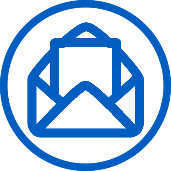 Blue icon of an envelope with a letter inside, surrounded by a circle.
