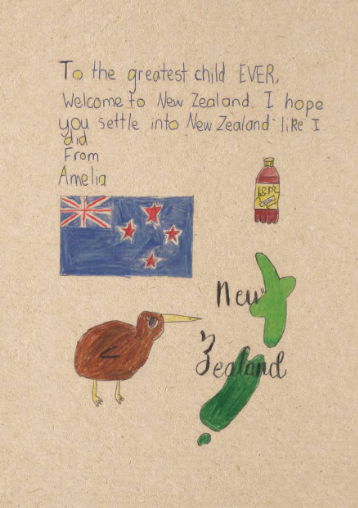 A handwritten letter with drawings, including a New Zealand flag, a kiwi bird, a bottle, and a green shape representing New Zealand. The letter is from Amelia, welcoming a child to New Zealand.