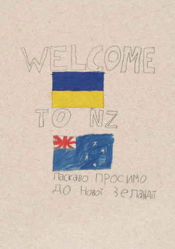 Hand-drawn sign with the words 'WELCOME TO NZ', featuring the Ukrainian flag and the New Zealand flag, along with Cyrillic text that reads 'Паскаво просимо до нової зеландії'.