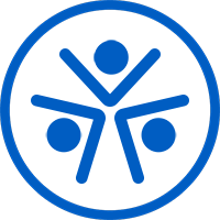 A blue icon of three people holding hands in a circle