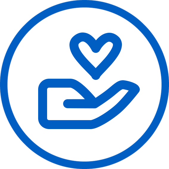 Blue icon of a hand with a heart above it, enclosed in a circle.