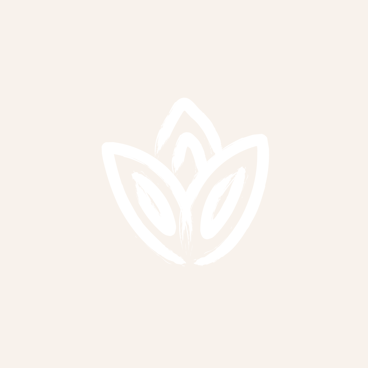 Logo minimaliste avec une fleur stylisée blanche sur fond beige clair.