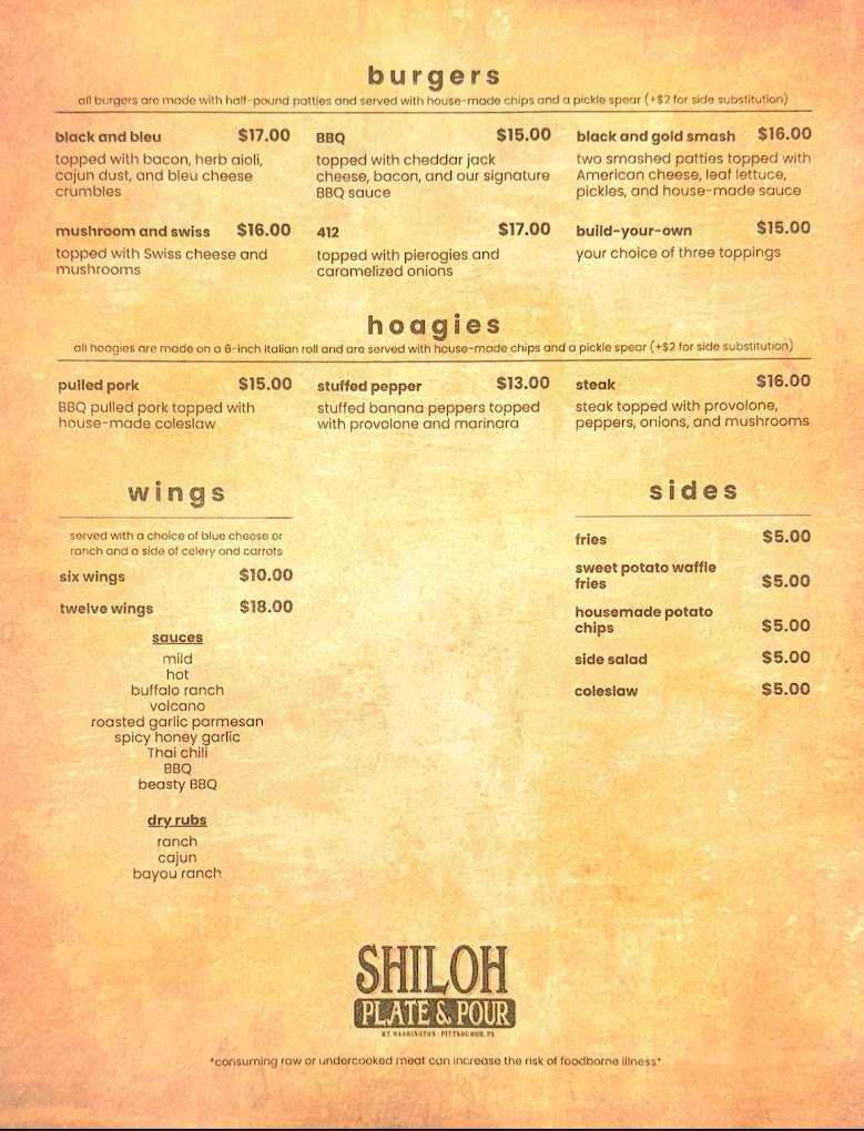 Restaurant menu featuring burgers, hoagies, wings, sides, and sauces. Burgers include 'black and bleu,' 'BBQ,' and 'black and gold smash.' Hoagies such as 'pulled pork' and 'stuffed pepper' are listed. Wings are available in six or twelve pieces with