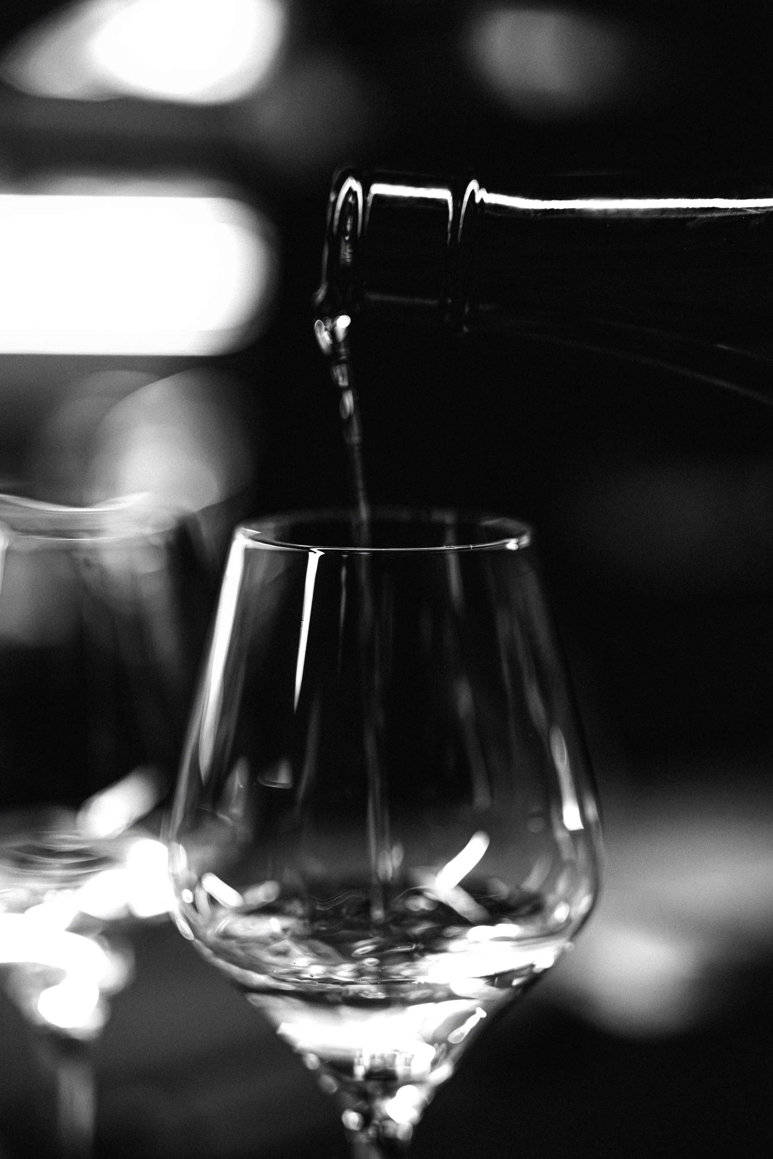 Black and white photo of liquid pouring from a bottle into a glass with a rounded bowl.