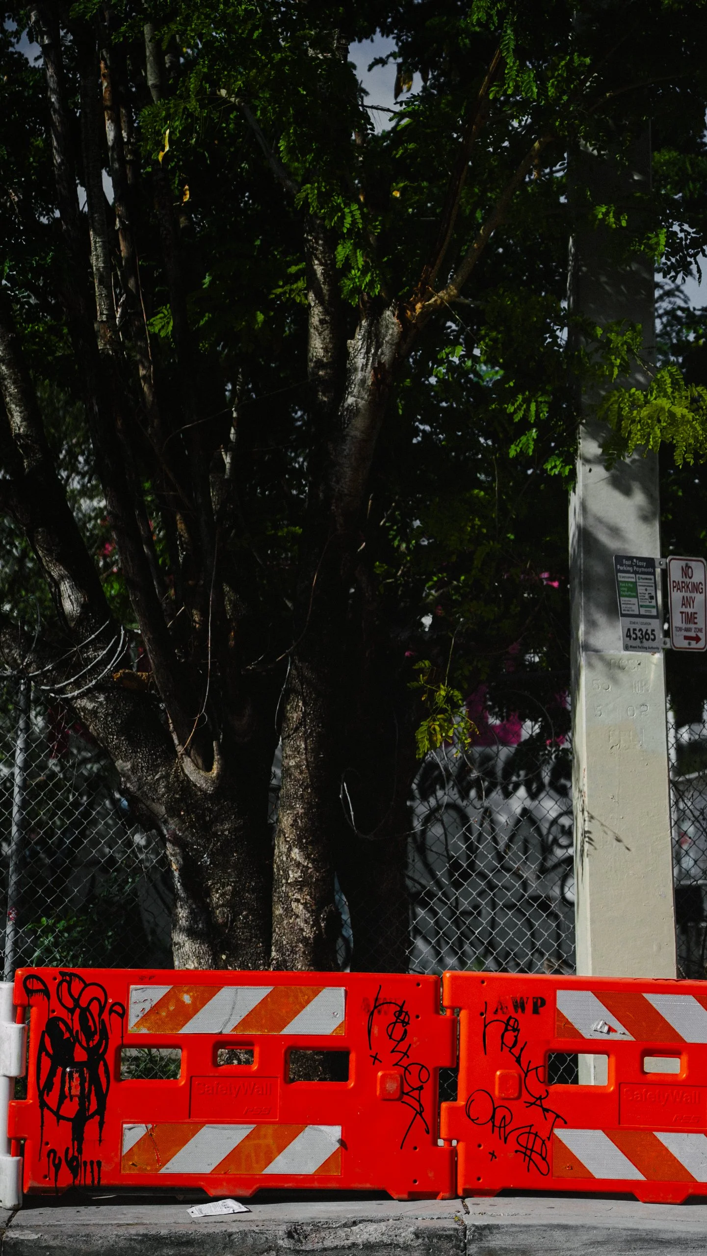 A tree behind a bright orange safety barrier with graffiti, next to a parking meter and sign in a city street.