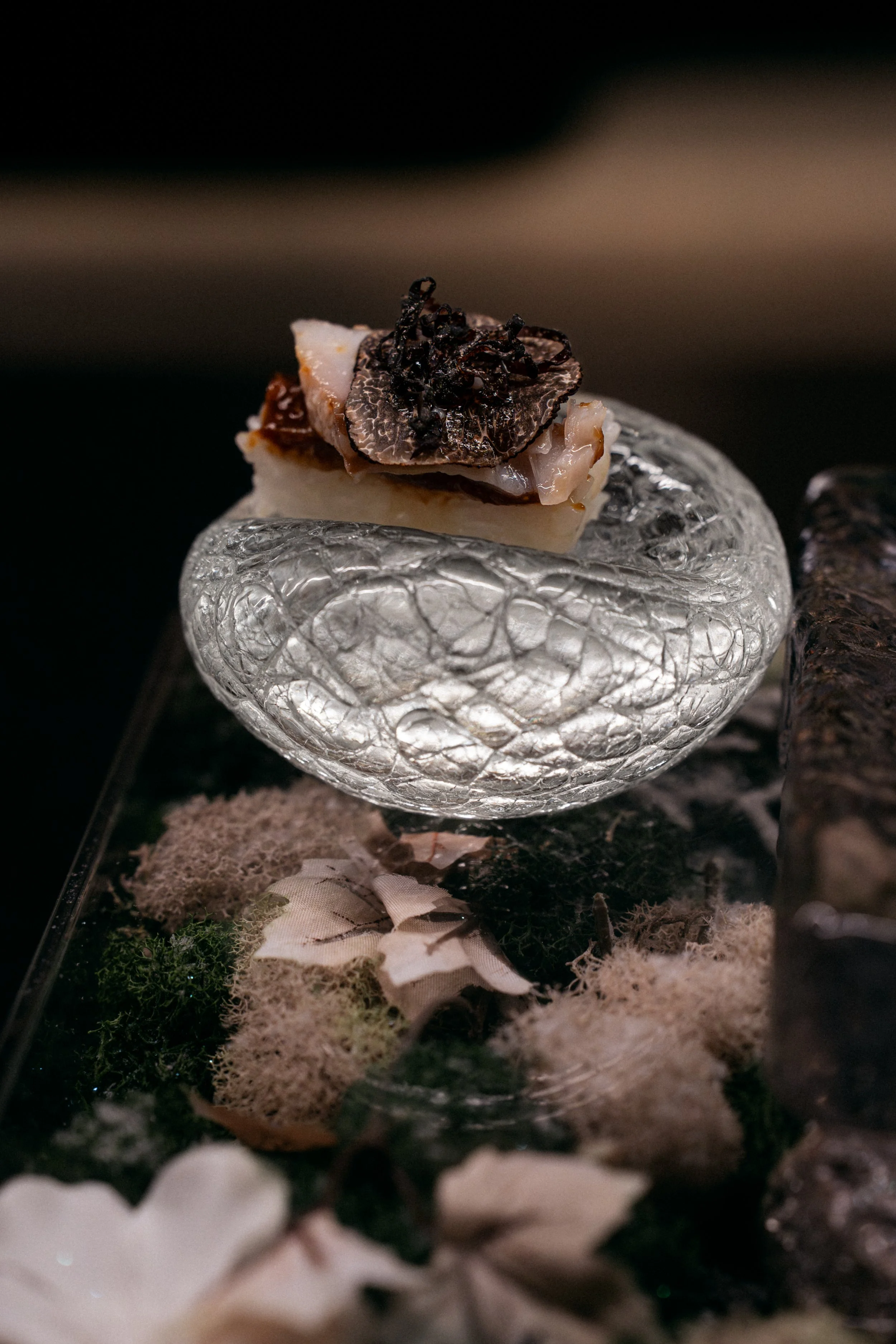 Close-up of a piece of food on a decorative glass dish, garnished with a black truffle slice and black shavings, on a textured base with moss and flower petals.