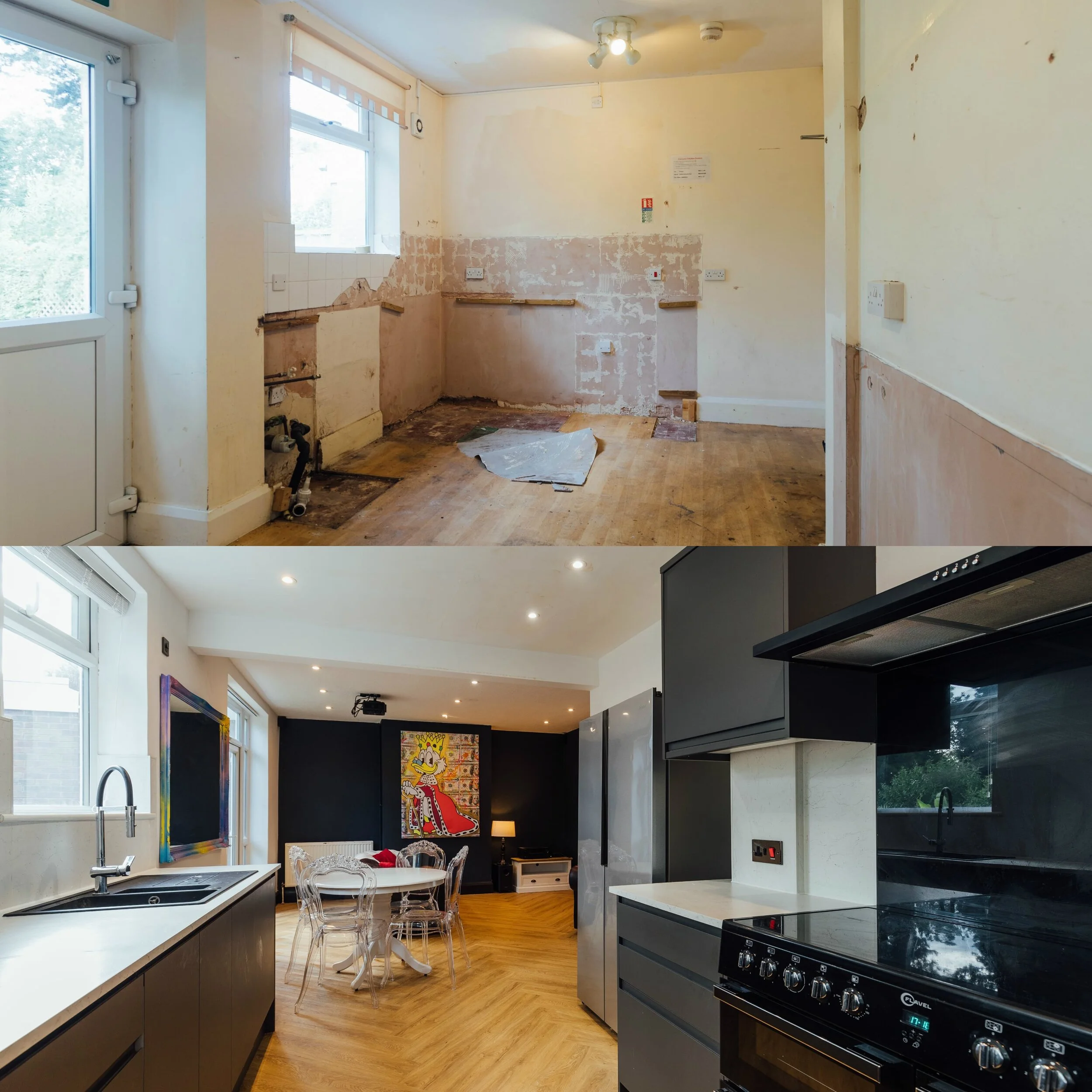 Before and after kitchen renovation showing a transformation from an empty, rundown space to a modern, stylish kitchen with black cabinets, wooden flooring, and dining area with chic decor.
