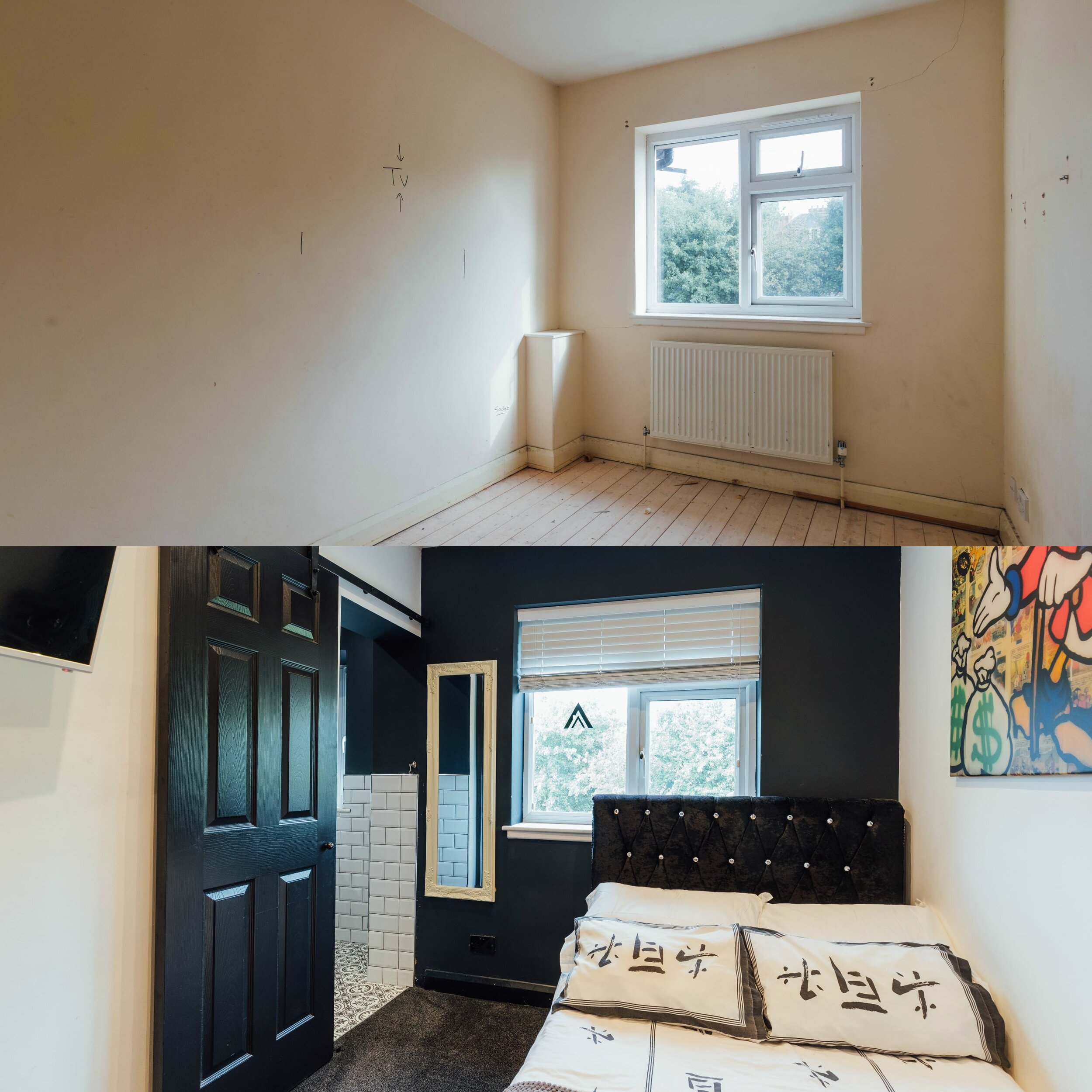Before and after images of a bedroom renovation. Top: empty room with beige walls, a window, and a radiator. Bottom: transformed bedroom with dark walls, bed with decorative pillows, art on the wall, and updated flooring.