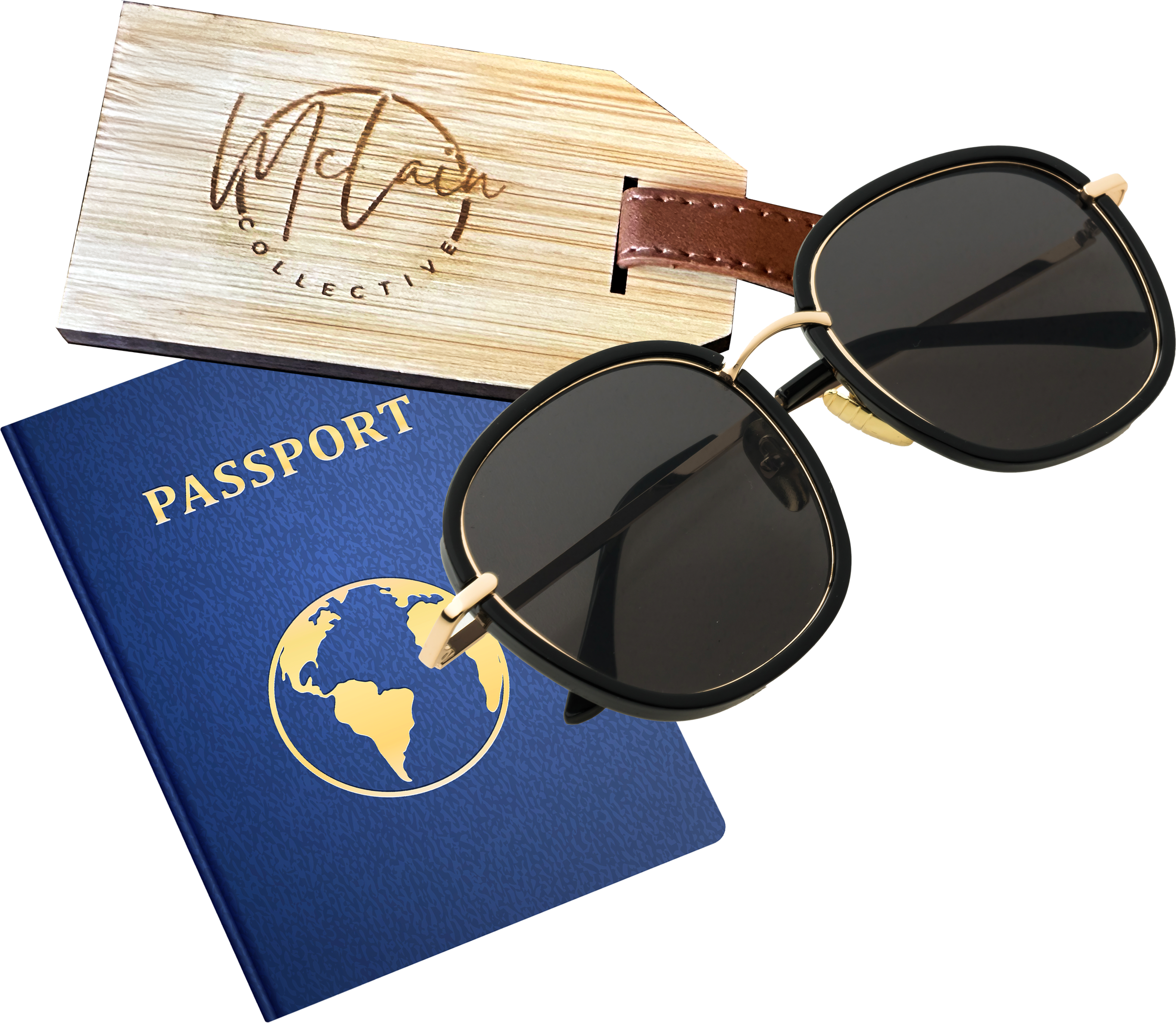 A blue passport with a yellow globe logo, black sunglasses, a wooden travel tag, and a brown leather strap.