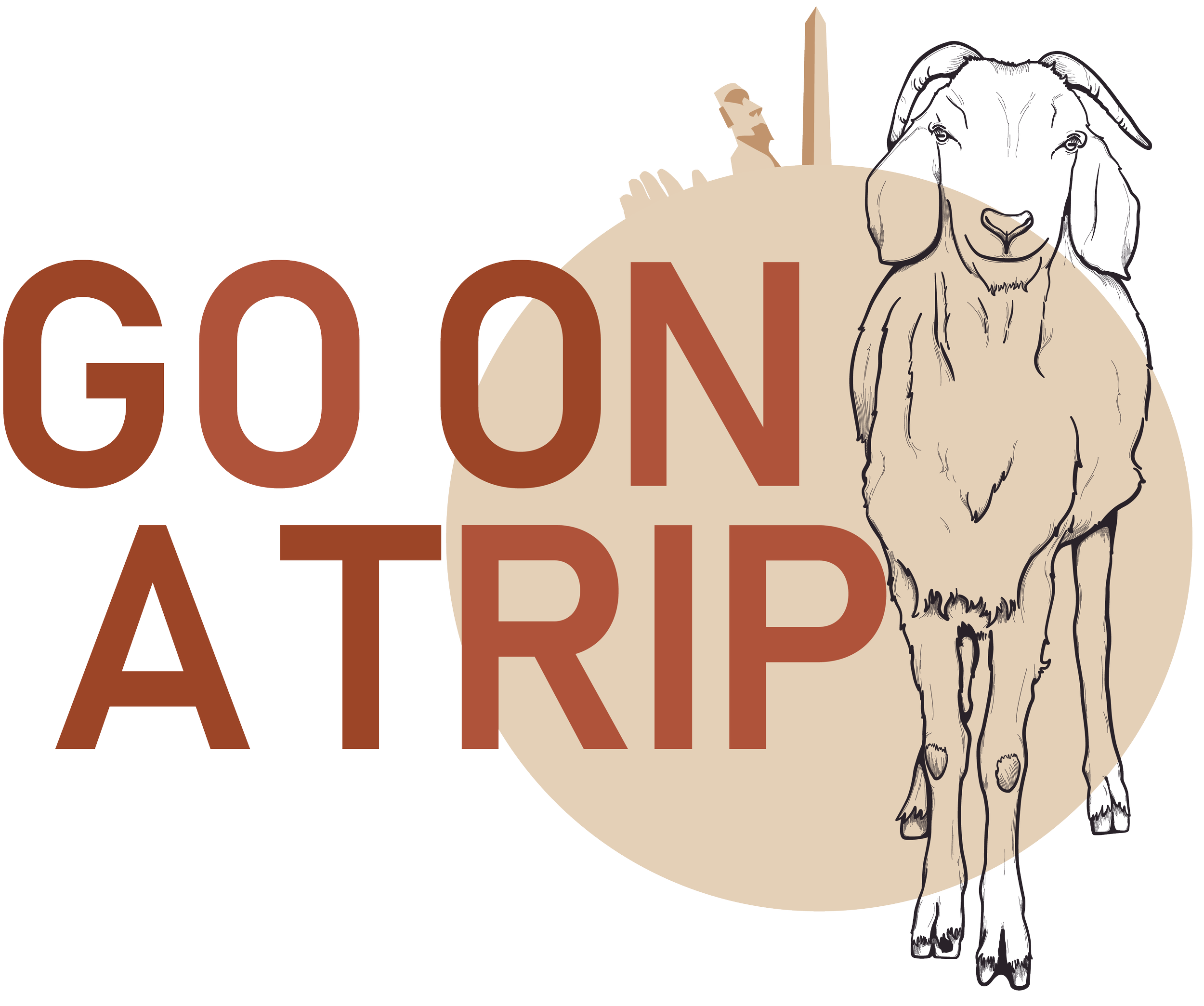Illustration of a dog sketch with a beige circle background, overlaid by large text saying "GO ON A TRIP" in brown and orange, with a travel-themed background including a mountain, a tree, and a tent.