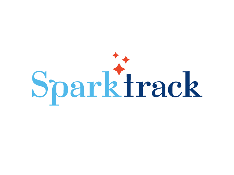 Sparktrack logo with blue and navy text and three red starbursts