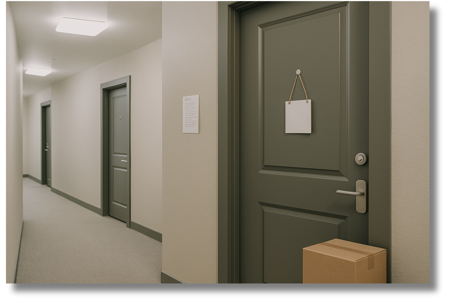 An apartment hallway with gray doors and beige walls, with a cardboard box on the floor near one door.