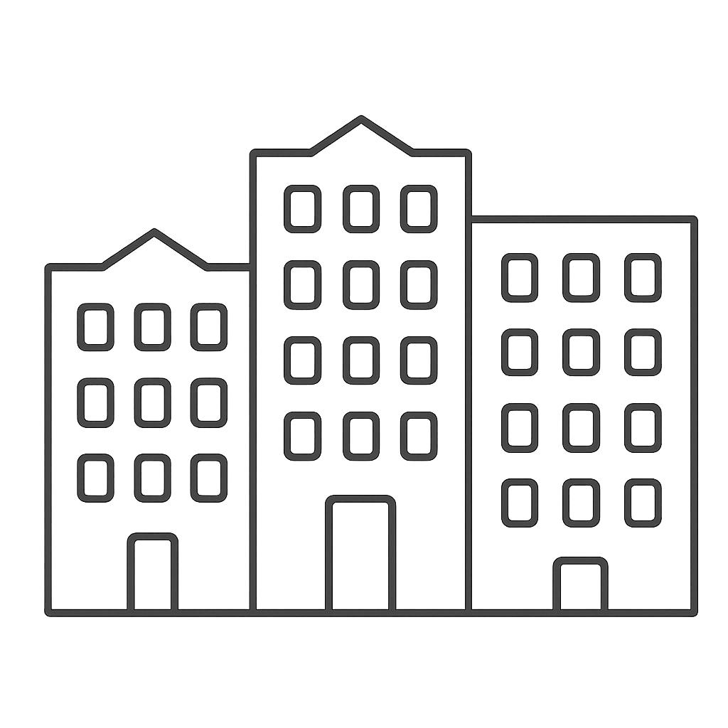 Outline drawing of three multi-story buildings with multiple windows and doors, set against a dark gradient background.