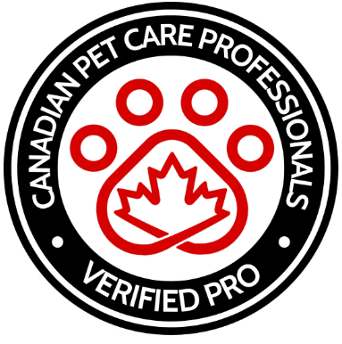 Circle badge with black border, white inner background, and red paw print with a maple leaf in the center. Text reads 'Canadian Pet Care Professionals Verified Pro'.