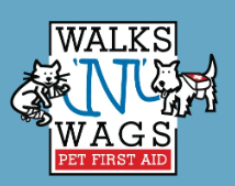 Logo for 'Walks 'N' Wags' pet grooming service featuring a cat and a dog, with pet first aid notice.