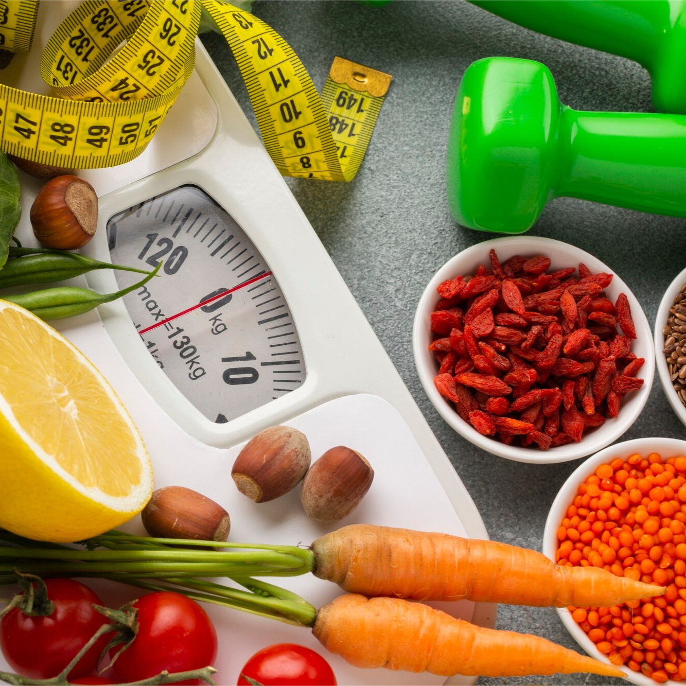 A variety of fresh vegetables, dried herbs, and fruits surrounding a white kitchen scale, with a yellow measuring tape and a green dumbbell nearby.