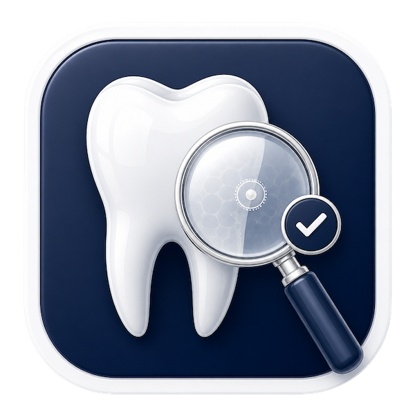 Icon of a tooth with a magnifying glass and checkmark, indicating dental inspection or hygiene.
