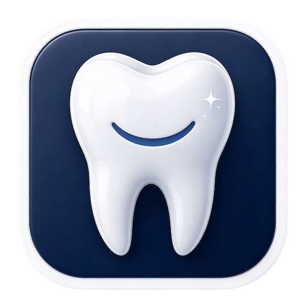 Icon of a smiling tooth with sparkles on a dark blue background.