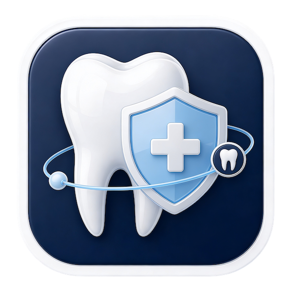 Icon of a tooth with a shield and cross symbol, representing dental health protection.