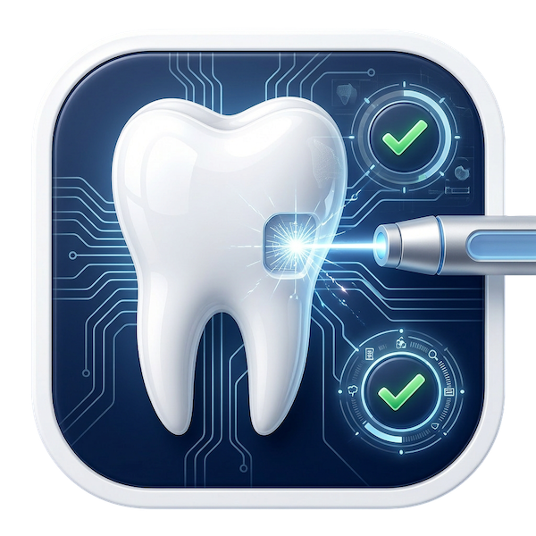 Digital illustration of a tooth with a laser treatment, checkmarks, and a high-tech interface, representing dental care or teeth whitening.