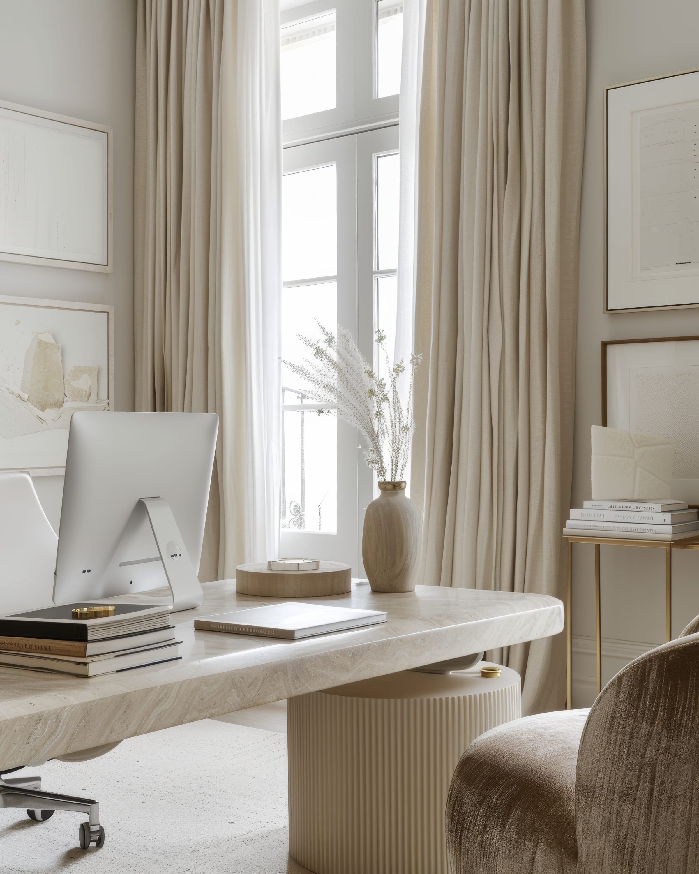 A well-lit, neutral-toned home office with a marble desk, beige curtains, and wall art. Decorative items include a vase with white flowers, books, and an Apple computer.