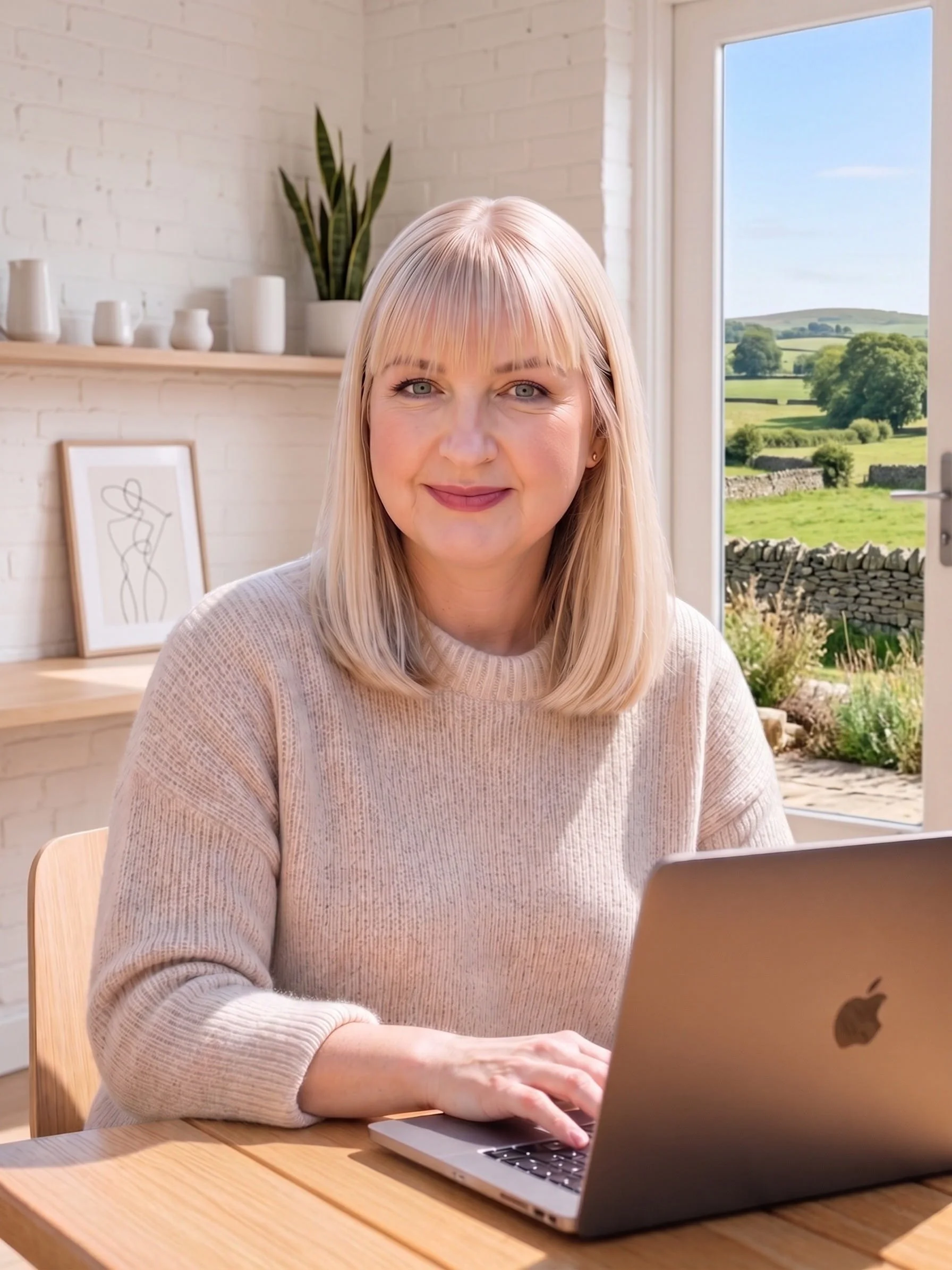 A woman with blonde hair working on a laptop at a wooden table in a bright room with large windows showing green fields and a stone wall outside.