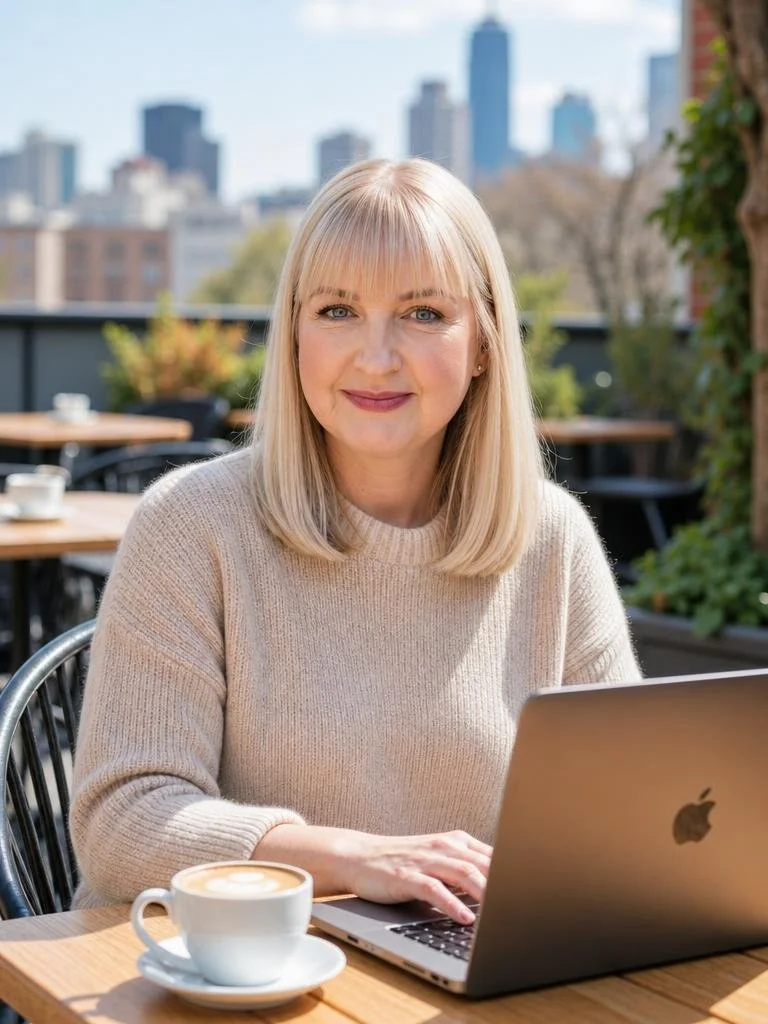 A woman with blonde hair and blue eyes sitting at an outdoor cafe table with a laptop and a cup of coffee, overlooking a city skyline.