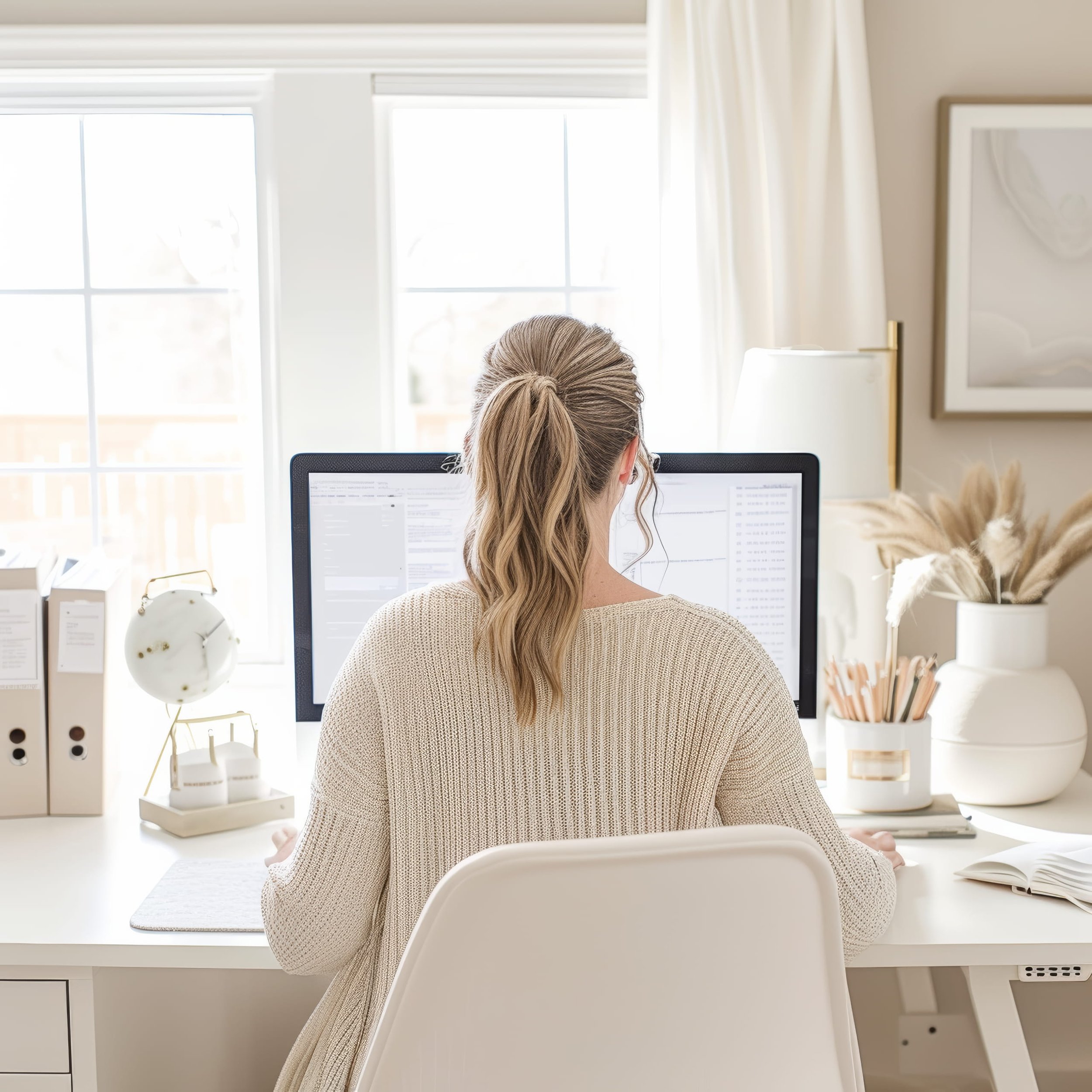 Woman working at a white desk with a computer monitor, sunlight coming through windows, and decorative items such as a lamp, books, and vases.