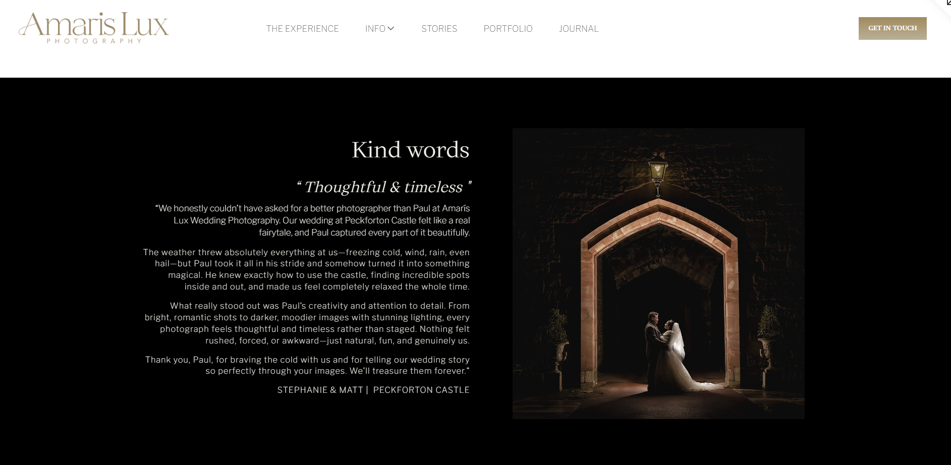 A wedding couple standing under an archway illuminated by a street lamp at night, with text describing a photographer's work at Peckforton Castle.