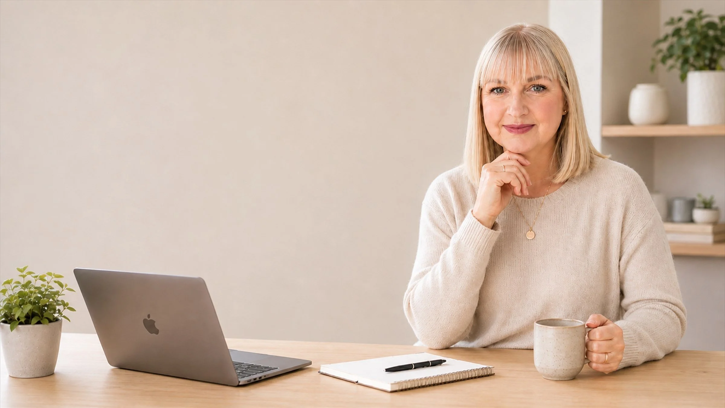 A woman with blonde hair and blue eyes sitting at a desk in front of an open silver MacBook, holding a beige ceramic mug, with a notebook and pen on the desk. There is a small potted plant on the left and a notepad to the right of the laptop. Shelves with potted plants and decorative objects are in the background.