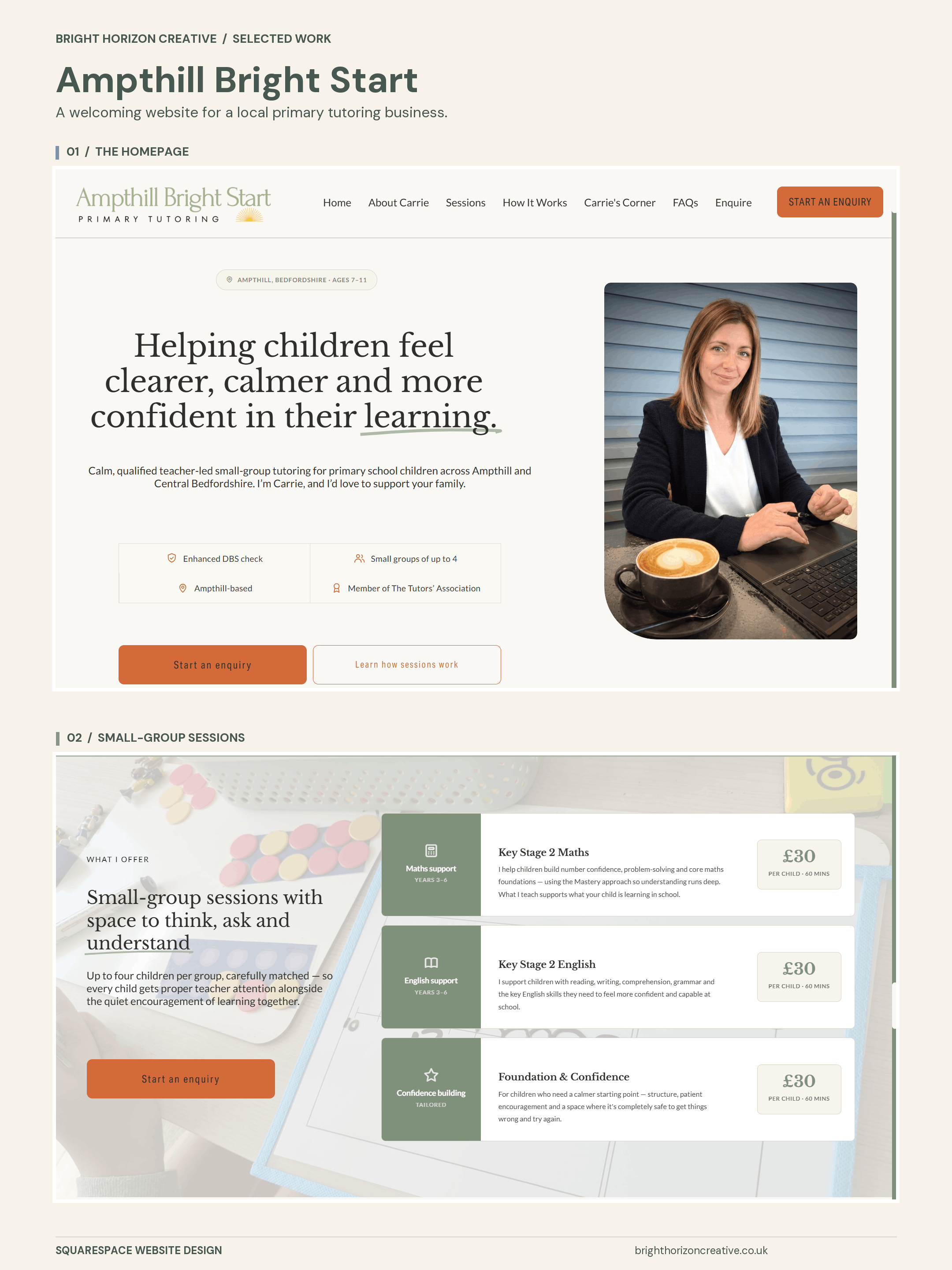 Screenshot of a website homepage for Bright Horizon Creative's tutoring services, highlighting a section about small-group learning sessions for children, with a photo of a woman working on a laptop and a latte, webpage navigation menu, and pricing information.