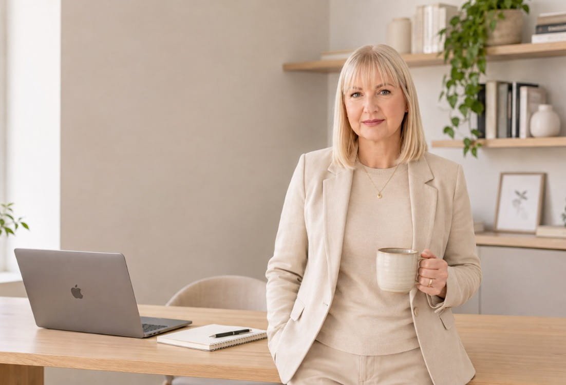 A woman with blonde hair in professional attire holding a coffee mug in a modern, minimalist office with a laptop and notebooks on a wooden desk.