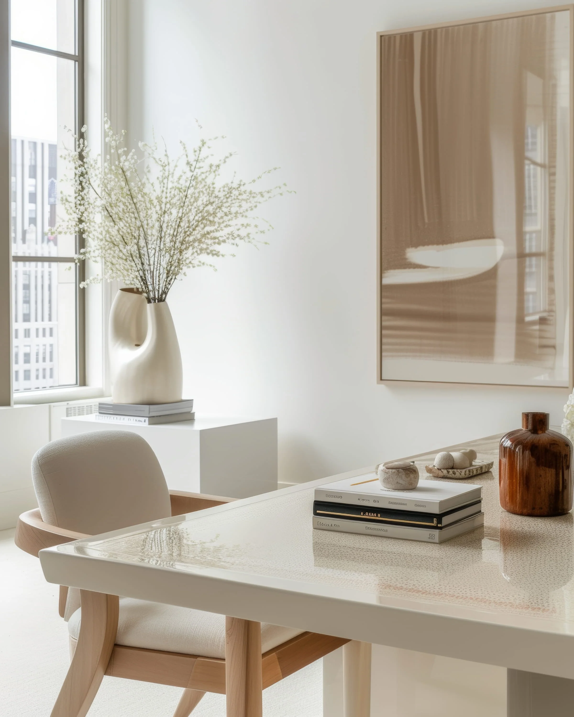 Minimalist modern interior with a white table, beige chair, decorative items, and a large abstract wall art, bright natural light from a window.