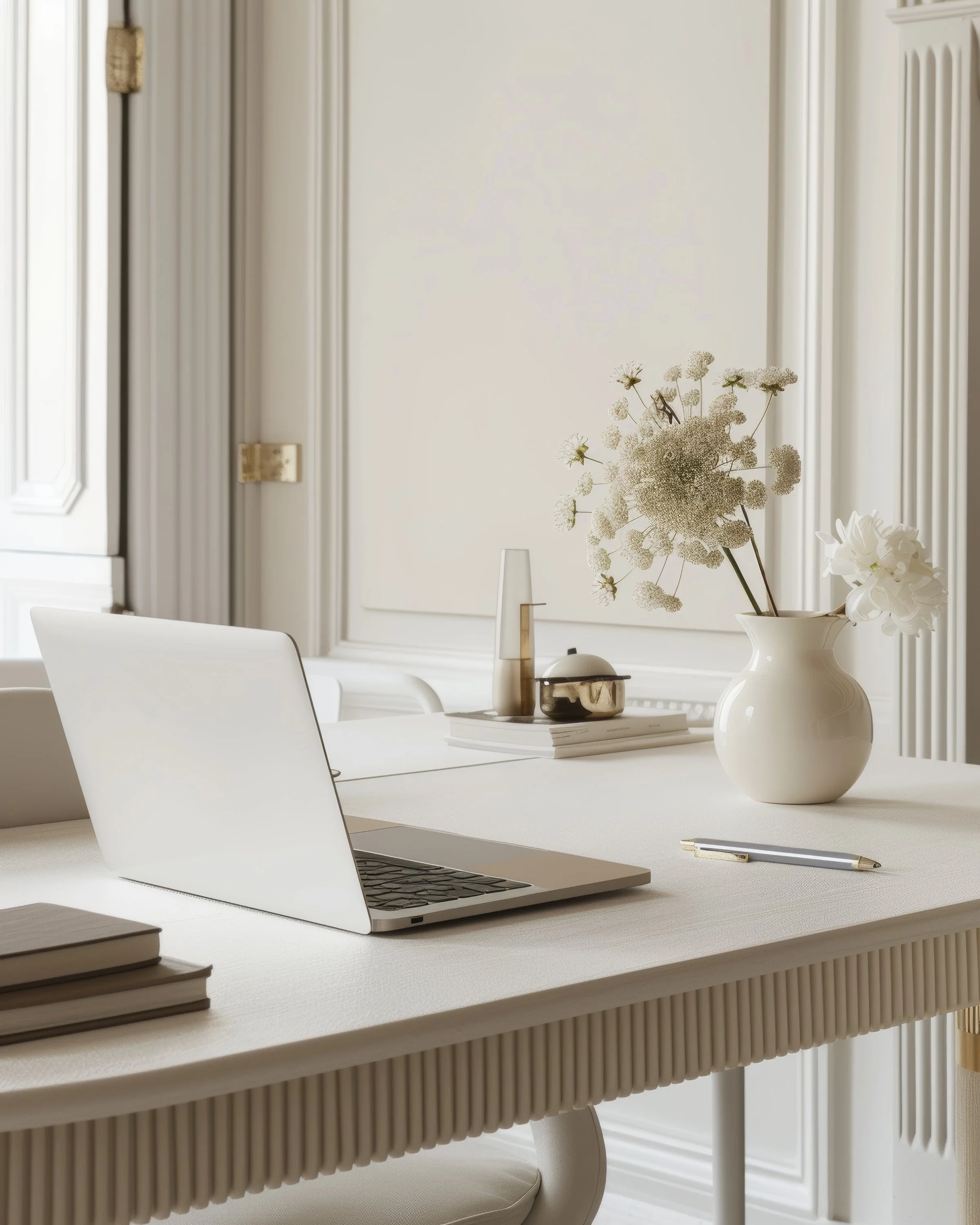 A clean, minimalist white workspace with a table, a laptop, notebooks, and decorative vases with flowers. The background features cream-colored walls with decorative molding and a large window.