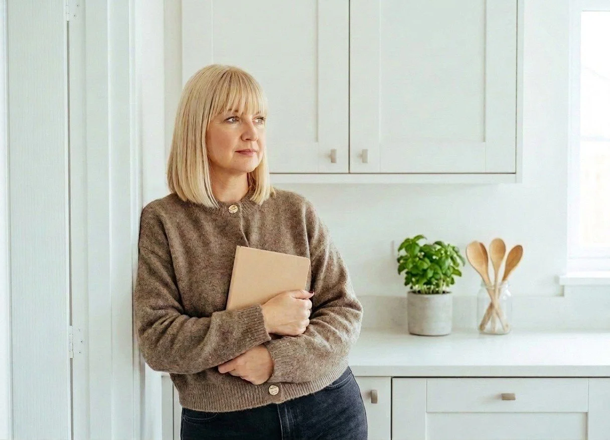 A woman with blonde hair, wearing a brown sweater, holds a light brown notebook and stands in a modern kitchen with white cabinets, a potted plant, and wooden spoons in a glass container.