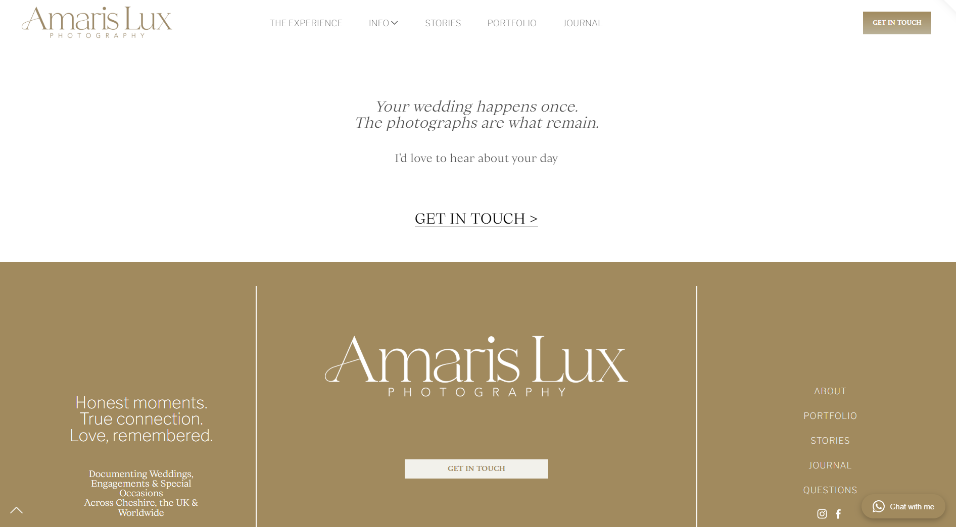 Homepage of Amaris Lux Photography website featuring a beige and white color scheme, with navigation links at the top, a main heading about wedding photography, and contact options including a WhatsApp chat button at the bottom right corner.