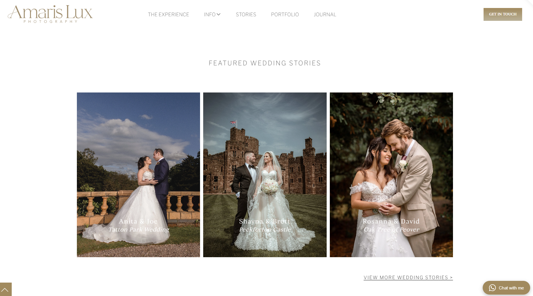 Three wedding photos featuring different couples and locations, with captions indicating names and venues: a couple at Tatton Park, a couple at Peckforton Castle, and a couple at Oak Tree of Peover.